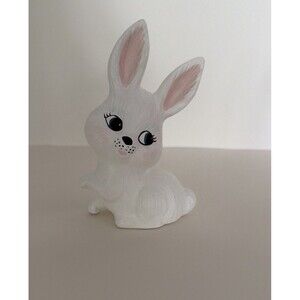 Vintage Style Ceramic White Bunny Figurine Big Eyes MCM Kitsch Easter Decor Gift